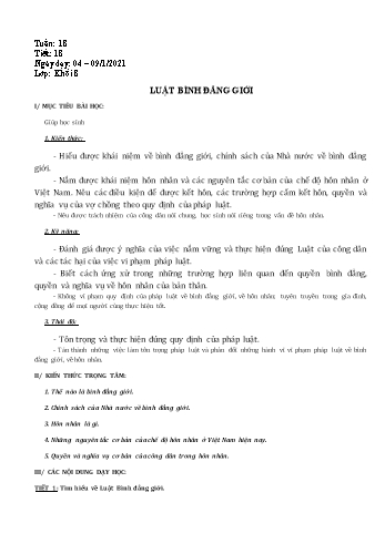 Giáo án ngoại khóa kì I môn Giáo dục công dân Lớp 8 - Bài: Luật bình đẳng giới - Năm học 2020-2021