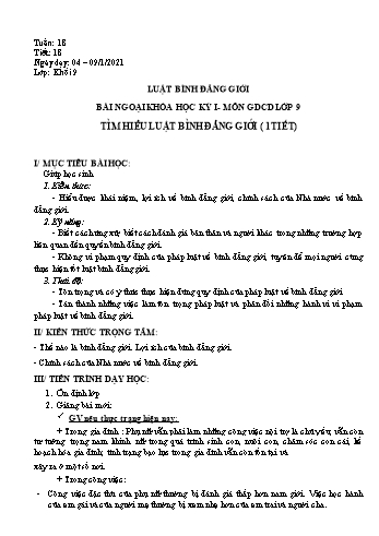 Giáo án ngoại khóa kì I môn Giáo dục công dân Lớp 9 - Bài: Luật bình đẳng giới - Năm học 2020-2021
