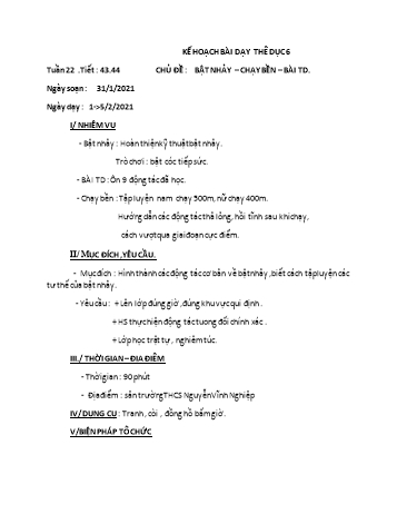 Giáo án Thể dục Lớp 6 - Bài: Bật nhảy, chạy bền, bài thể dục - Năm học 2020-2021