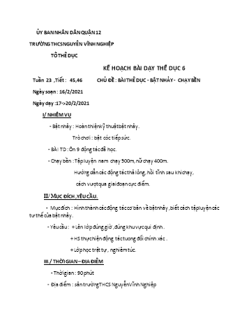 Giáo án Thể dục Lớp 6 - Tiết 45+46: Bài thể dục, bật nhảy, chạy bền - Trường THCS Nguyễn Vĩnh Nghiệp