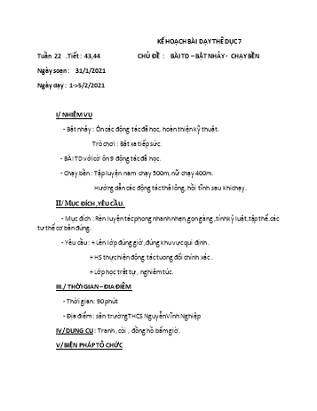 Giáo án Thể dục Lớp 7 - Tiết 43+44: Bài thể dục, bật nhảy, chạy bền - Năm học 2020-2021