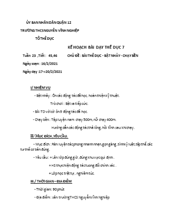 Giáo án Thể dục Lớp 7 - Tiết 45+46: Bài thể dục, bật nhảy, chạy bền - Trường THCS Nguyễn Vĩnh Nghiệp - Năm học 2020-2021