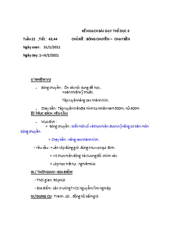Giáo án Thể dục Lớp 8 - Tiết 43+44: Bóng chuyền, chạy bền - Năm học 2020-2021