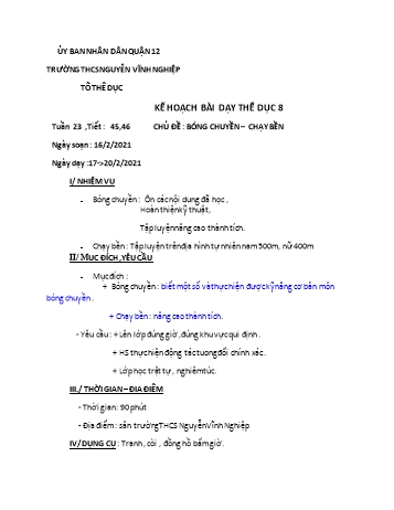 Giáo án Thể dục Lớp 8 - Tiết 45+46: Bóng chuyền, chạy bền - Trường THCS Nguyễn Vĩnh Nghiệp - Năm học 2020-2021