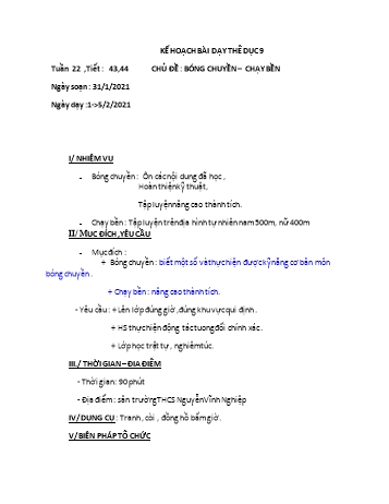 Giáo án Thể dục Lớp 9 - Tiết 43+44: Bóng chuyền, chạy bền - Năm học 2020-2021
