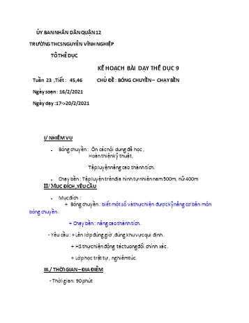 Giáo án Thể dục Lớp 9 - Tiết 45+46: Bóng chuyền, chạy bền - Trường THCS Nguyễn Vĩnh Nghiệp - Năm học 2020-2021