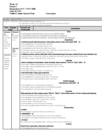 Giáo án Tiếng Anh Khối 6 - Tuần 10 - Nguyễn Tuấn - Năm học 2020-2021