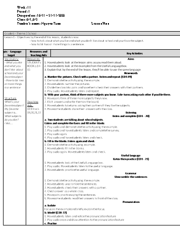 Giáo án Tiếng Anh Lớp 6 - Tuần 11 - Nguyễn Tuấn - Năm học 2020-2021