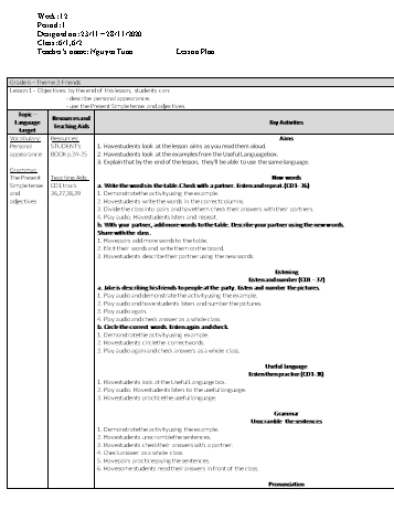 Giáo án Tiếng Anh Lớp 6 - Tuần 12 - Nguyễn Tuấn - Năm học 2020-2021