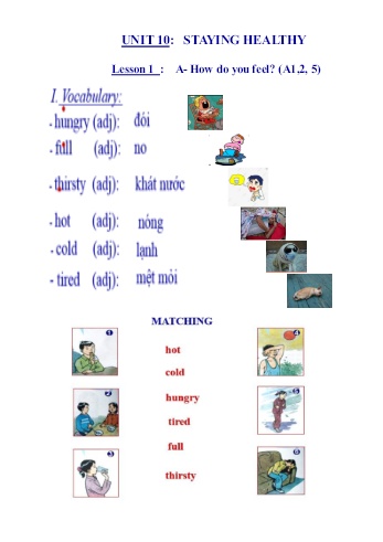 Giáo án Tiếng Anh Lớp 6 - Unit 10: Staying healthy - Lesson 1 Giáo án Tiếng Anh Lớp 6 - Unit 10: Staying healthy - Lesson 1