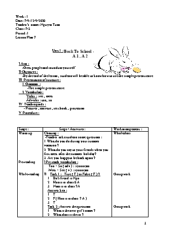 Giáo án Tiếng Anh Lớp 7 - Tuần 1 - Nguyễn Tuấn - Năm học 2020-2021