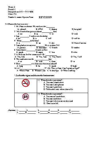 Giáo án Tiếng Anh Lớp 7 - Tuần 9 - Năm học 2020-2021