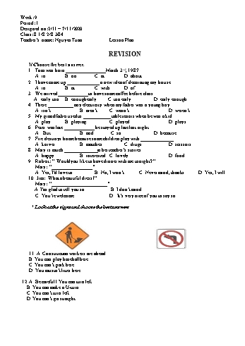 Giáo án Tiếng Anh Lớp 8 - Tuần 9 - Năm học 2020-2021
