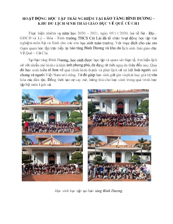 Hoạt động học tập trải nghiệm tại bảo tàng Bình Dương – khu du lịch sinh thái giáo dục về quê Củ Chi