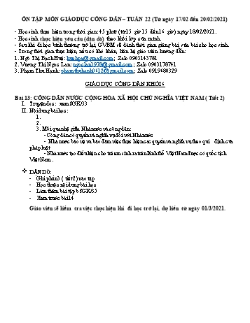 Ôn tập kiến thức môn Giáo dục công dân THCS - Tuần 22 - Năm học 2020-2021