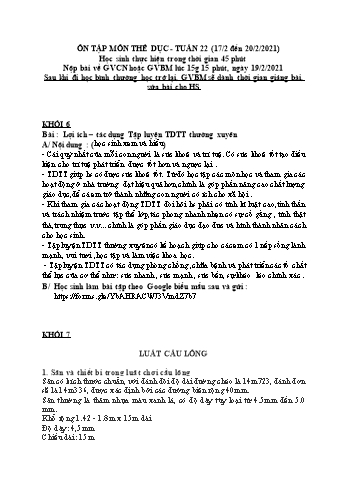 Ôn tập kiến thức môn Thể dục THCS - Tuần 22 - Năm học 2020-2021