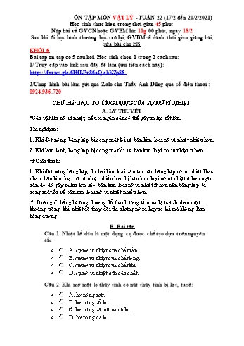 Ôn tập kiến thức môn Vật lí THCS - Tuần 22 - Năm học 2020-2021