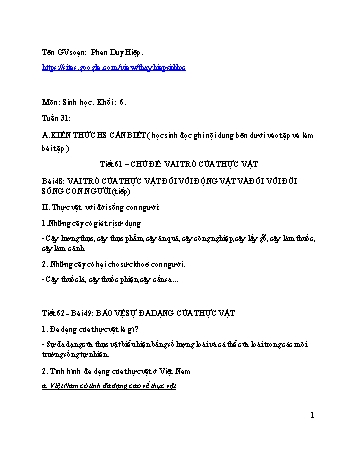 Ôn tập môn Sinh học Lớp 6 - Tuần 31-33