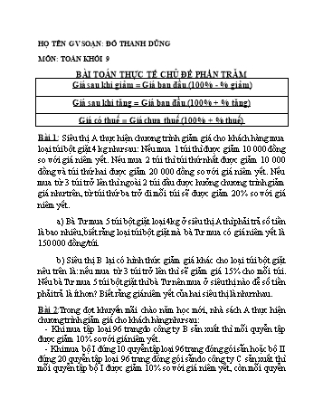 Ôn tập môn Toán Lớp 9 - Bài toán thực tế chủ đề phần trăm + đồ thị hàm số - Đỗ Thanh Dũng