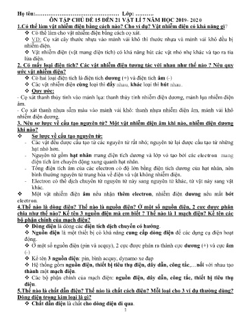 Ôn tập môn Vật lí Lớp 7 - Chủ đề 15-21 - Năm học 2019-2020