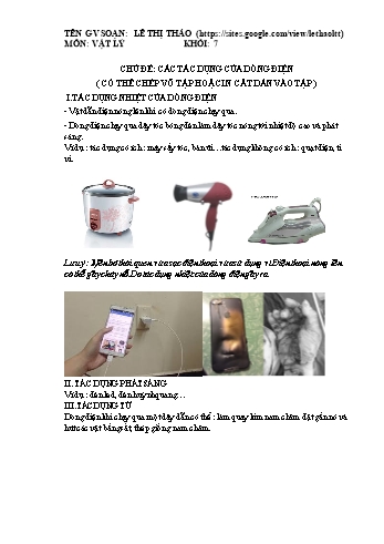 Ôn tập môn Vật lí Lớp 7 - Chủ đề: Các tác dụng của dòng điện - Lê Thị Thảo