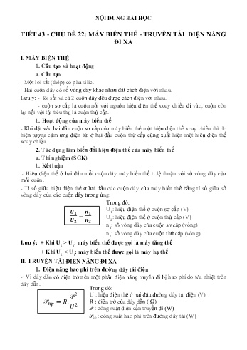 Ôn tập môn Vật lí Lớp 9 - Chủ đề 22: Máy biến thế - Truyền tải điện năng đi xa
