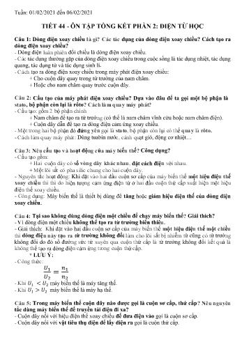 Ôn tập môn Vật lí Lớp 9 - Tiết 44: Ôn tập tổng kết phần 2: Điện từ học - Năm học 2020-2021