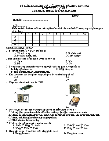 Đề kiểm tra đánh giá giữa kì I môn Tin học Lớp 6 - Năm học 2020-2021