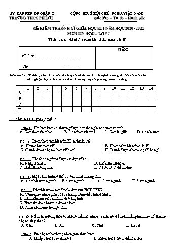 Đề kiểm tra đánh giá giữa kì I môn Tin học Lớp 7 - Năm học 2020-2021