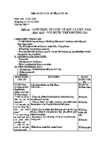 Giáo án Âm nhạc Lớp 6 - Tiết 10: Giới thiệu sơ lược về dân ca Việt Nam. Học hát Vui bước trên đường xa - Triệu Thị Tú - Năm học 2020-2021