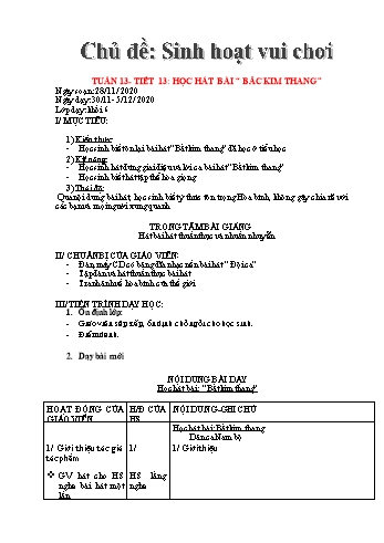 Giáo án Âm nhạc Lớp 6 - Tiết 13: Học hát bài Bắc kim thang - Triệu Thị Tú - Năm học 2020-2021