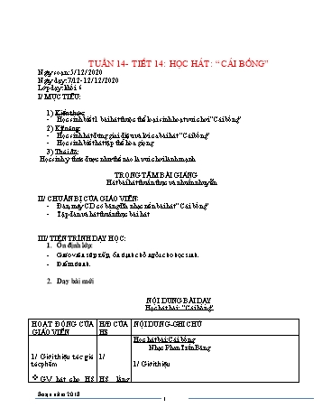 Giáo án Âm nhạc Lớp 6 - Tiết 14: Học hát bài Cái Bống - Triệu Thị Tú - Năm học 2020-2021