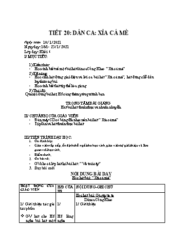 Giáo án Âm nhạc Lớp 6 - Tiết 20: Dân ca: Xỉa cá mè - Triệu Thị Tú - Năm học 2020-2021