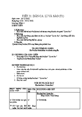 Giáo án Âm nhạc Lớp 6 - Tiết 21: Dân ca: Lì và sáo - Triệu Thị Tú - Năm học 2020-2021