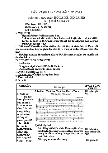 Giáo án Âm nhạc Lớp 6 - Tiết 22: Học hát: Hô-la-hê, Hô-la-hô. Nhạc sĩ Mozart - Triệu Thị Tú - Năm học 2020-2021