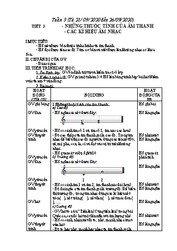 Giáo án Âm nhạc Lớp 6 - Tiết 3: Những thuộc tính của âm thanh. Các kí hiệu âm nhạc - Triệu Thị Tú - Năm học 2020-2021