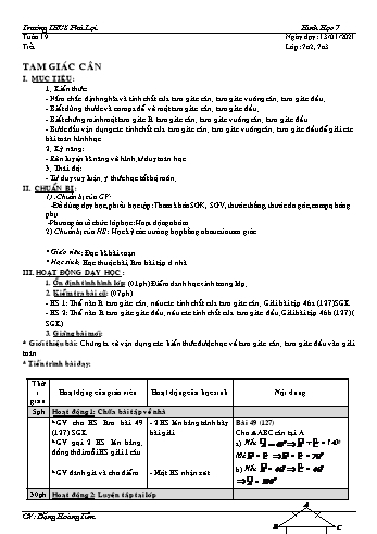 Giáo án Hình học Lớp 7 - Tuần 19 - Đặng Hoàng Tiến - Năm học 2020-2021