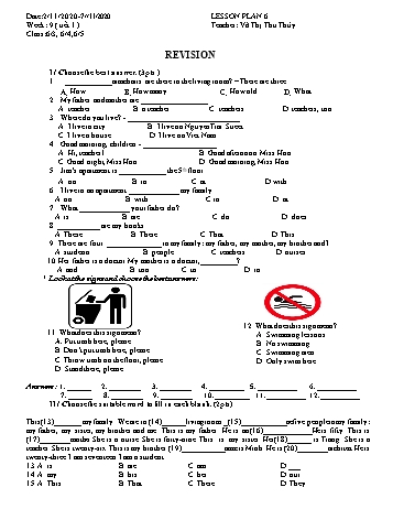 Giáo án Tiếng Anh Lớp 6 - Tuần 9 - Võ Thị Thu Thủy - Năm học 2020-2021