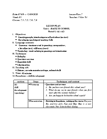 Giáo án Tiếng Anh Lớp 7 - Tuần 1 - Năm học 2020-2021