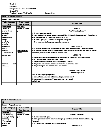 Giáo án Tiếng Anh Lớp 7 - Tuần 11 - Võ Kim Trí - Năm học 2020-2021