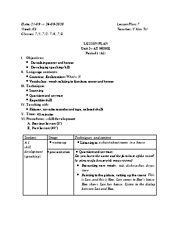 Giáo án Tiếng Anh Lớp 7 - Tuần 3 - Năm học 2020-2021