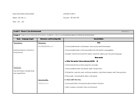 Giáo án Tiếng Anh Lớp 9 - Tuần 10 - Võ Kim Trí - Năm học 2020-2021