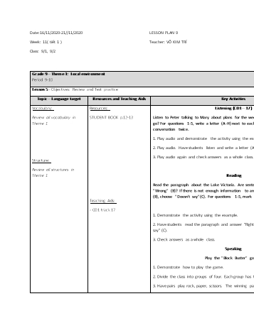 Giáo án Tiếng Anh Lớp 9 - Tuần 11 - Võ Kim Trí - Năm học 2020-2021