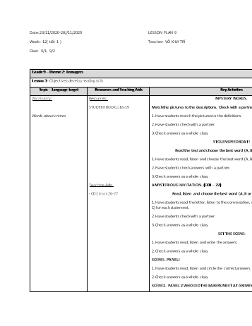 Giáo án Tiếng Anh Lớp 9 - Tuần 12 - Võ Kim Trí - Năm học 2020-2021