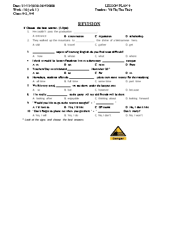 Giáo án Tiếng Anh Lớp 9 - Tuần 16 - Năm học 2020-2021