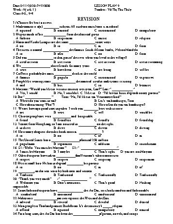 Giáo án Tiếng Anh Lớp 9 - Tuần 9 - Năm học 2020-2021