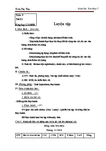 Giáo án Tin học Lớp 7 - Tuần 6 - Trần Thị Thu - Năm học 2020-2021