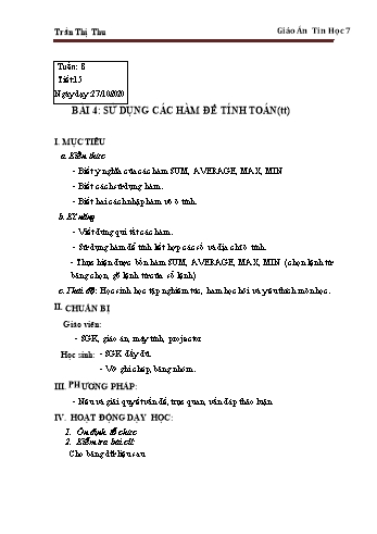 Giáo án Tin học Lớp 7 - Tuần 8 - Trần Thị Thu - Năm học 2020-2021